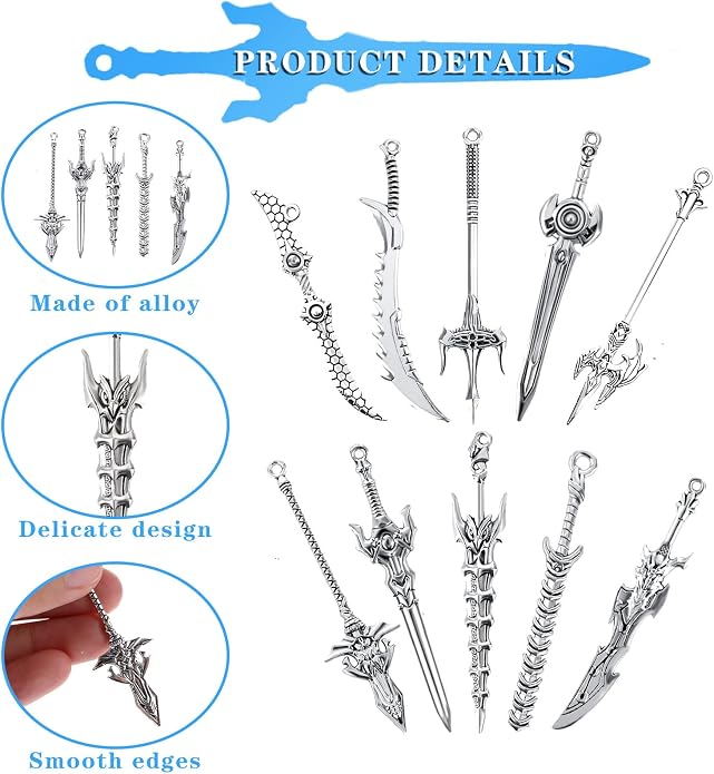 Dimeho 40 Pcs Antique Swords Bookmark Metal Vintage Knife Charms Silver Keychain Sword Pendants Mini Ancient Knife Accessory Gift for Book Lovers DIY Necklace Bracelet Crafting