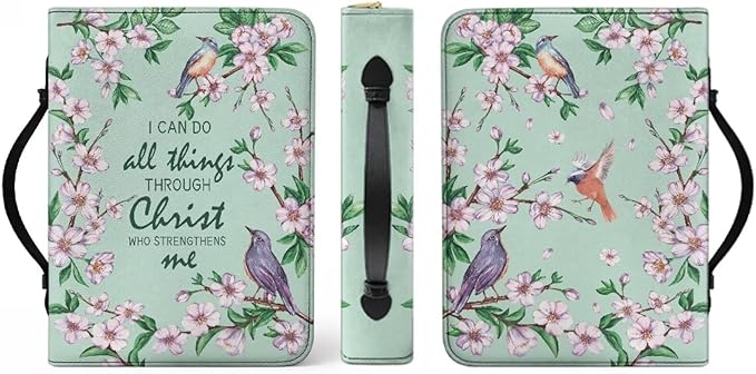 Christian Scriptures Psalms Birds and Flowers Leather Bible Cover with Handles,Green Large Bible Carrying Case for Women, Bible Tote Bag, Christian Gifts