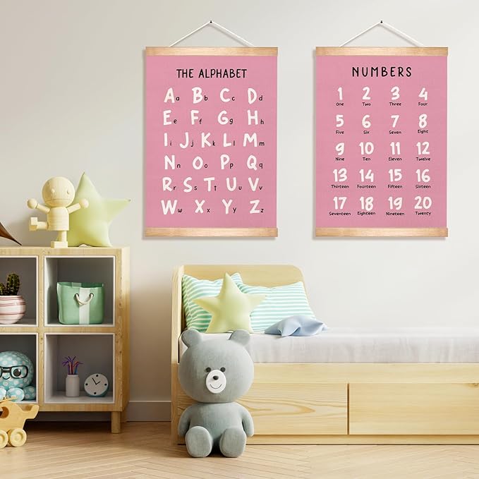 Alphabet and Numbers Educational Chart Set of 2 for Classroom Decor,Colorful Educational Poster for Toddlers 1-3,Toddler Learning Poster for Ages 3-5 for Nursery Playroom,Classroom Must Haves 14x18.5Inch(Pink)