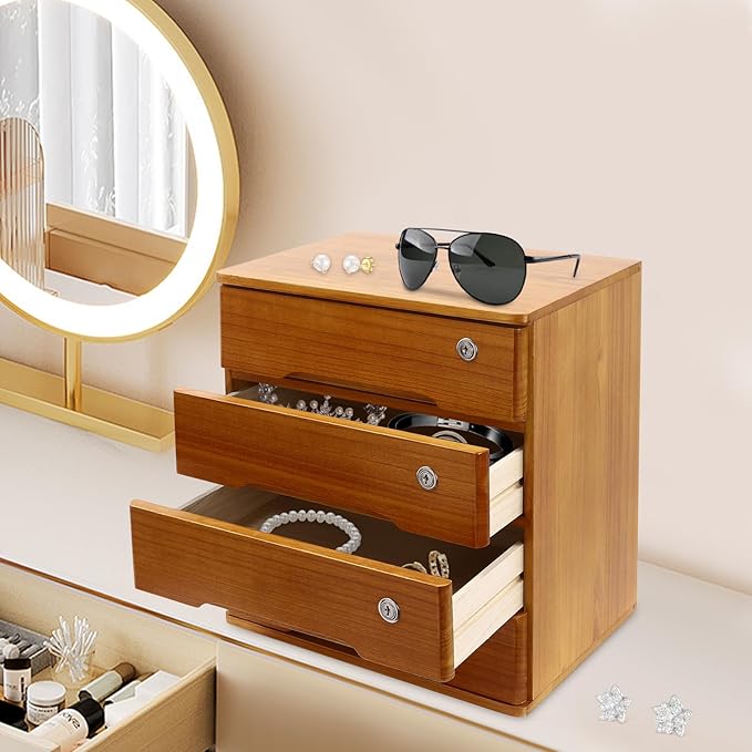 Lockable Desk Organizer Wooden Desktop Drawers Office Flat Files Storage Box Locking Countertop Storage Cabinet (Wood Yellow, 4-Tier)