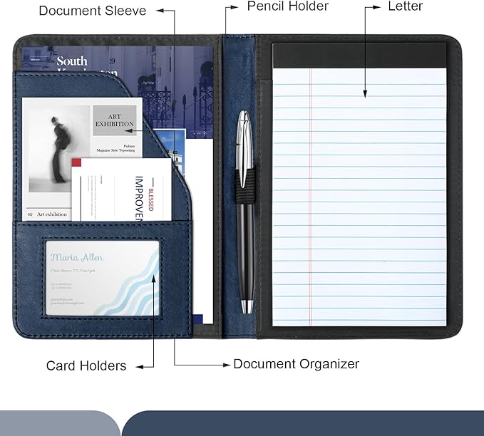 Portfolio/Business Padfolio Binder, Mini Size Document Folder Organizer, Padfolio with Interior Pocket and Pen Loop, 5 x 8 Writing Pad Included, Navy Blue