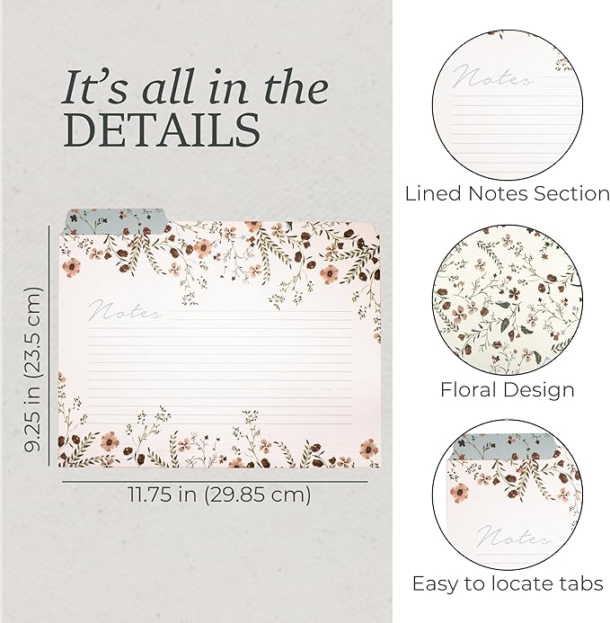 Steel Mill & Co Thick Sturdy File Folders Decorative, Set of 6 File Folders with Tabs and Sticker Labels, Cute Colored File Folders Letter Size with Notes Section, Woodland Floral