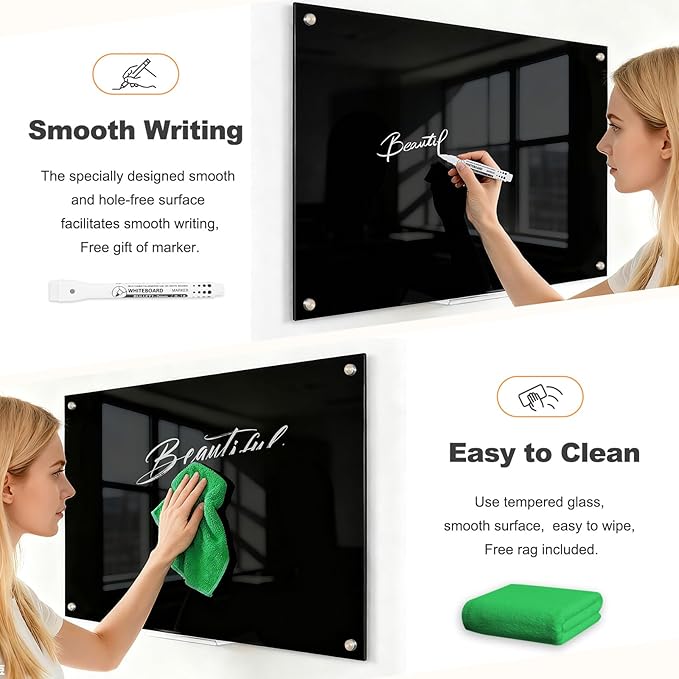 Black Dry Erase Board, 36" x 24" (3' x 2') Magnetic Large Black Glass Board Frameless Wall Mounted Glass Whiteboard for Office, School & Home with 1 Acrylic Pen Tray & 6 Strong Magnets