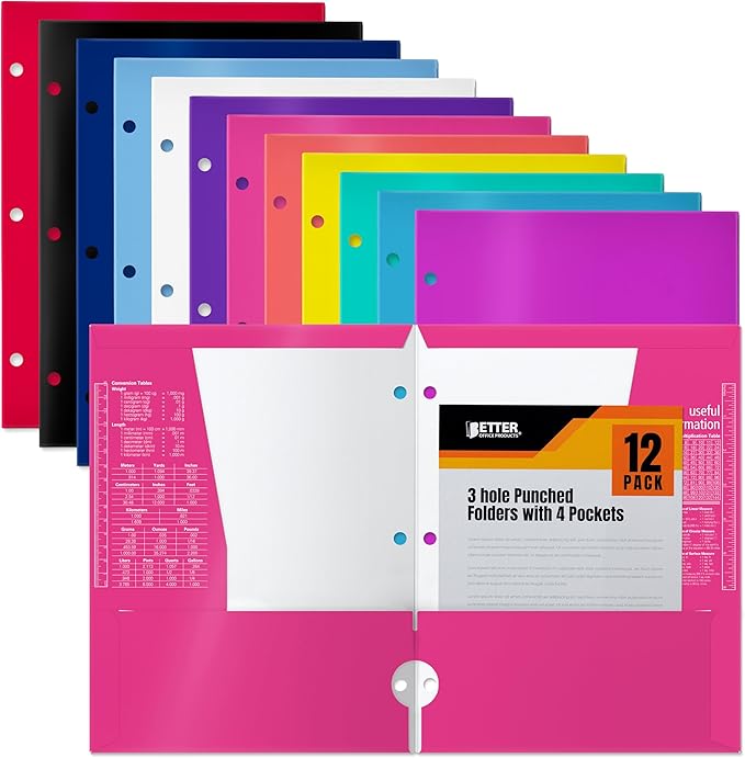 Better Office Products 4 Pocket Glossy Laminated Paper Folders (12 Pack), 3 Hole Punch Portfolios, Assorted Bright and Primary Colors,
