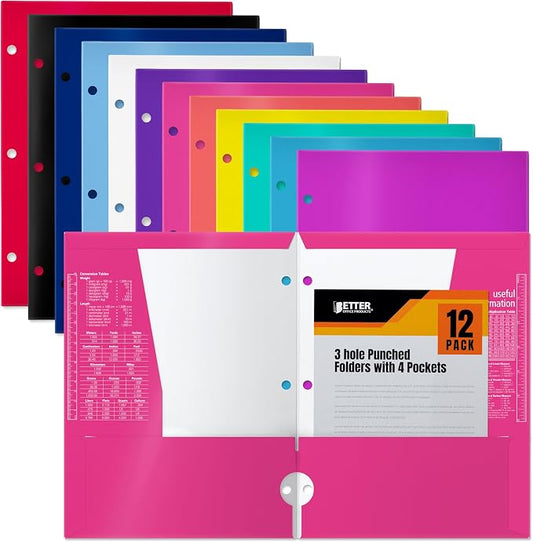 Better Office Products 4 Pocket Glossy Laminated Paper Folders (12 Pack), 3 Hole Punch Portfolios, Assorted Bright and Primary Colors,