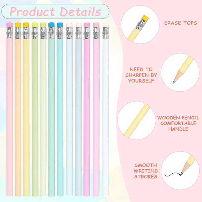 Whaline 48Pcs Colorful Pencils with Erasers Christmas Rainbow Color Wooden Pencil Unsharpened Writing Drawing Pencil for Xmas Party Supplies Stocking Stuffer Students Graduation Office Stationery Gift