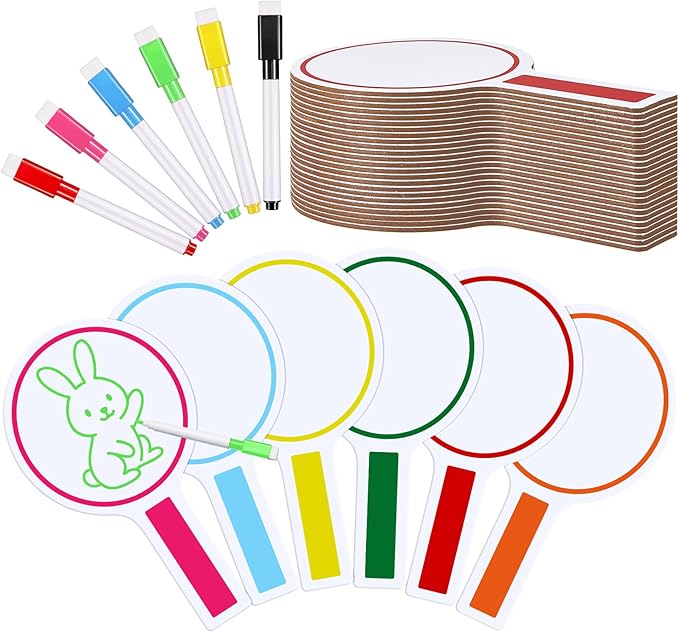 Henoyso 48 Pcs Dry Erase Answer Paddle with Markers Handheld Double Sided Paddles Colorful Flip Answer Dry Erase Paddles White Boards for Students Kids Score Boards Teacher(Round)