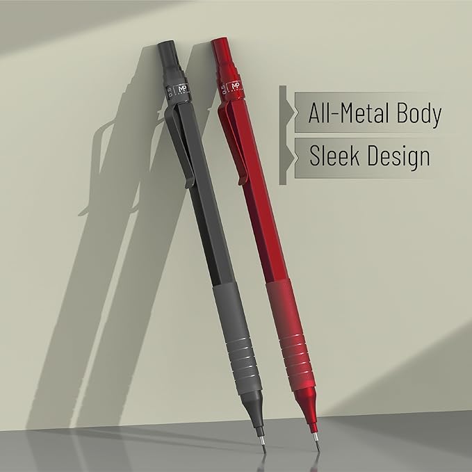 Mr. Pen- 0.5mm Metal Mechanical Pencil Set with Lead Refills & Erasers, 2 Pack, 2x Tubes Lead Refill, 2x Erasers, Red Faux Leather Pencil Case for School Supplies, Note Taking, Drawing, Sketching