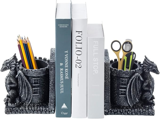 Bookends Dragon, Gothic Black Resin Dragon Guarding Castle Pencil Cup Bookends, Office Desk Book Ends with Decorative Fantasy Dragons and Stone Tower Pen Holders, 1 Pair