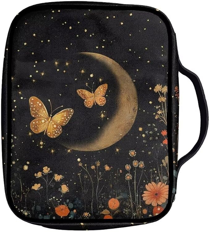 Coldinair Moon Butterfly Bible Cover for Women,Zippered Bible Carrying Case Bible Protective Bag with Handle,Floral Bible Case Holder for Girls