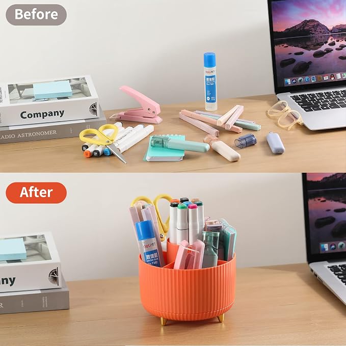 Desk Pencil Pen Holder, 5 Slots 360°Degree Rotating Pen Organizers for Desk, Desktop Storage Stationery Supplies Organizer, Cute Pencil Cup Pot for Office, School, Home, Art Supply, Orange