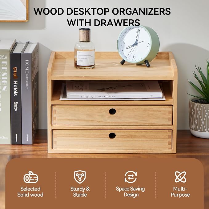 KIRIGEN Desktop Organizer Cabinet with 2 Drawers and Tray, Wood Office Desk Storage Shelf, 3-Tier Countertop Organizer for Papers, Supplies, Cosmetics, Kitchen Accessories Natural（DT3D2C-NA）
