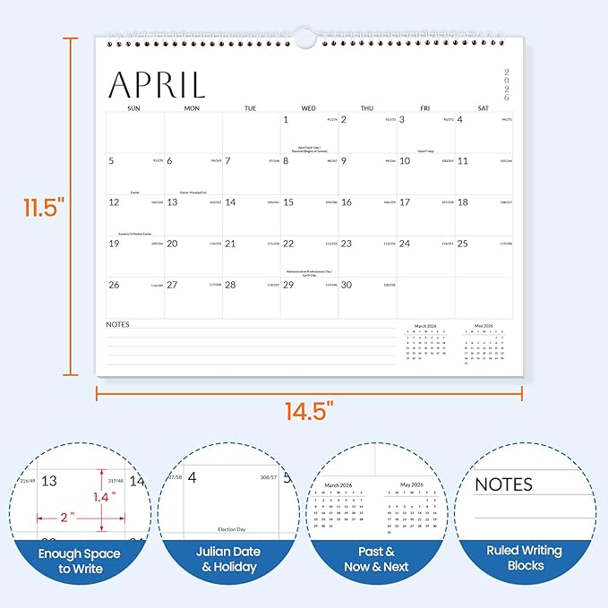 SUNEE Wall Calendar 2026 21 Months Apr. 2026 - Dec. 2027, 14.5"x11.5" Big Grid Hanging Calendar with Note for Organizing & Planning, Monthly Calendar 2026-2027 with Last Month and Next Month, White