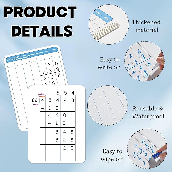 24 Pack Dry Erase Long Division Whiteboard for Kids Teaching Multiplication Double-Sided Cardboard Board Division Chart Portable Math Manipulatives Thickened Whiteboard Educational Tools 12" x 9"