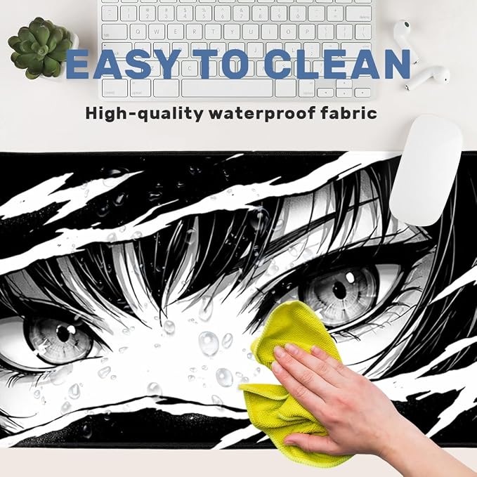 Anime Desk Mat 35.4 x 15.7 Inches Black and White Anime Eye Gaming Mouse Pad Non-Slip Rubber Base Waterproof with Stitched Edges for Gaming Office Home
