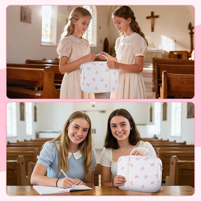 BESARME Pink Bow Bible Cover Case for Women, Large Bible Case Bibles Bag Bibles Study Supplies Christian Gifts Religious Bridal Shower Gifts for Girls