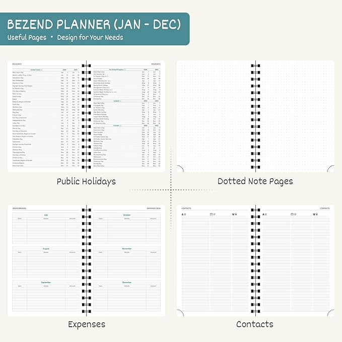 BEZEND 2026 Planner Weekly and Monthly (6" x 8.5" Spiral) Daily Calendar with Hourly Timeslots & Tabs (Jan-Dec) Note & Expenses, Pen Holder, Inner Pocket, Vegan Leather Softcover - Dark Green