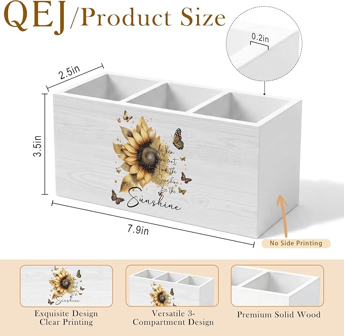 Sunflower Motivational Pen Holder for Desk, Inspirational Gifts for Women, Positive Affirmation Wooden Box Pencil Pen Organizer for Home Office Desk Tabletop