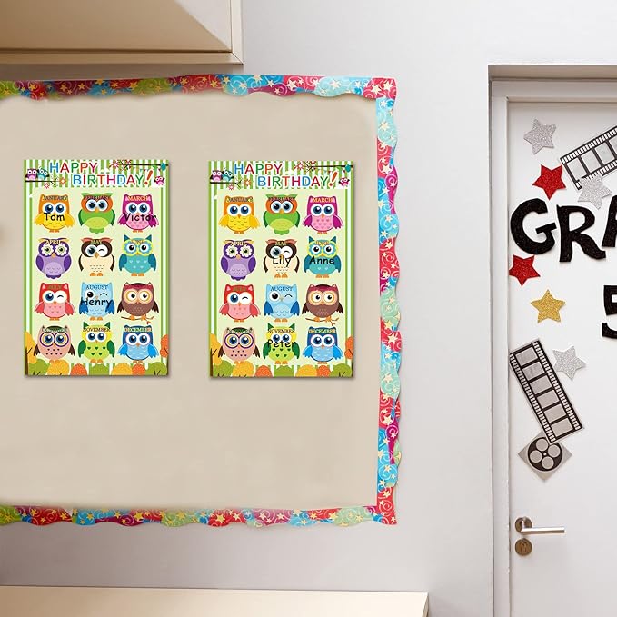 Happy Birthday Chart for Classroom, 2Pcs Birthday Poster Decoration 17’’ x 12’’ Birthday Owl Calendar Cutouts for School Bulletin Board, Chalkboards, Wall Decor