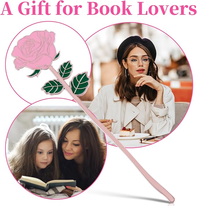 simarro Metal Rose Bookmark, Flower Book Page Holder for Reading Lovers, Cute Bookmarks Gift for Teacher Appreciation Gifts Valentine Mother's Day Thanksgiving Gift for Women Girls(Pink)