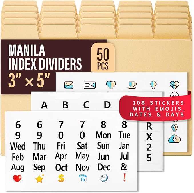 50 Heavyweight Manila Index Card Dividers 3x5 with Tabs & Alphabet Stickers for Recipe Cards