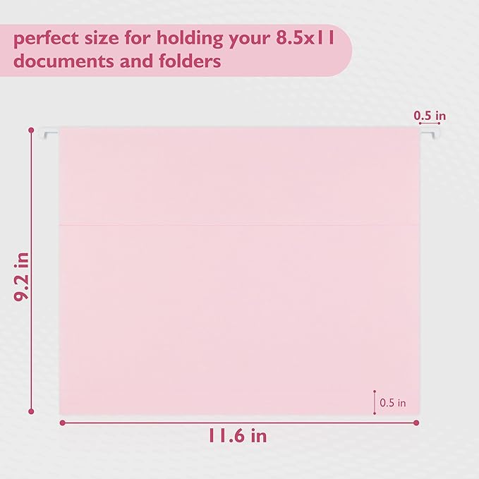 25 Packs Hanging File Folders,Cherry Pink Hanging File Folders Letter Size,Hanging Folders with 1/5-cut Tabs,Hanging Folders for Filing Cabinets, File Organizer Folder for Office,School,Home