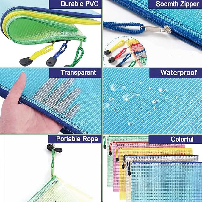 10 Pcs Mesh Zip File Bags, Waterproof Tear-Resistant Plastic Document Folders, A5 Zipper Documents Pouch Document Organizer Bags for School Office Home Travel Storage(9.4 x 7.1 Inches Multicolor)