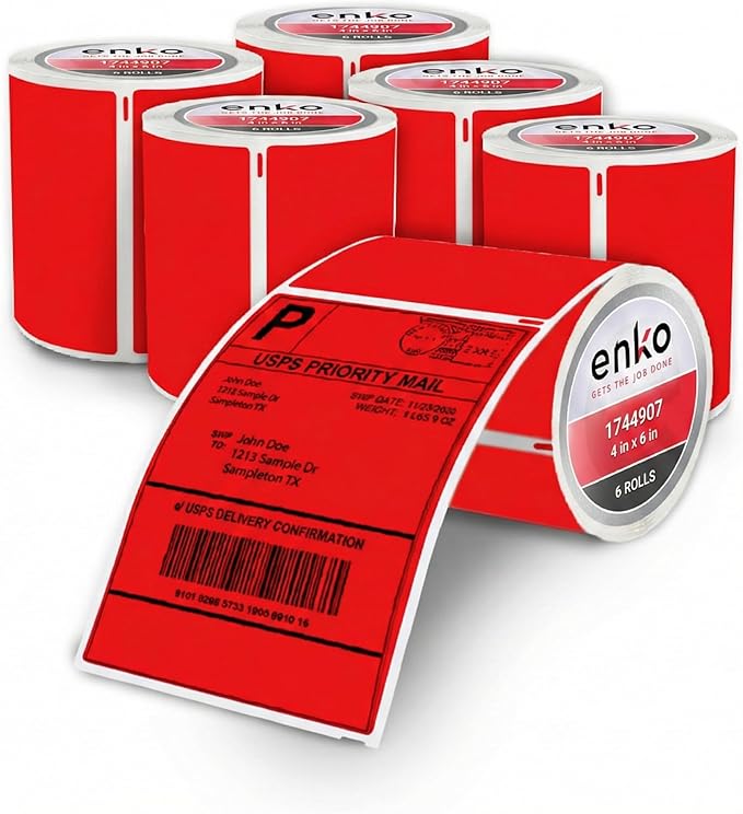 enKo Compatible Red Zebra 4x6 Label/Dymo Labels 1744907 (4 x 6) for Dymo Labelwriter 4XL Shipping Zebra Direct Thermal Printer (6 Rolls, 1320 Labels)