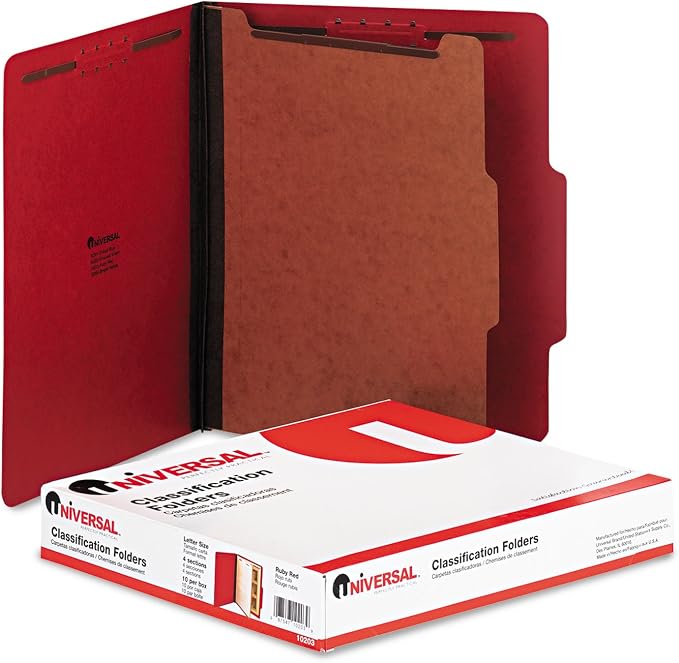 Universal 10203 Pressboard Classification Folders, Letter, Four-Section, Ruby Red, 10/Box