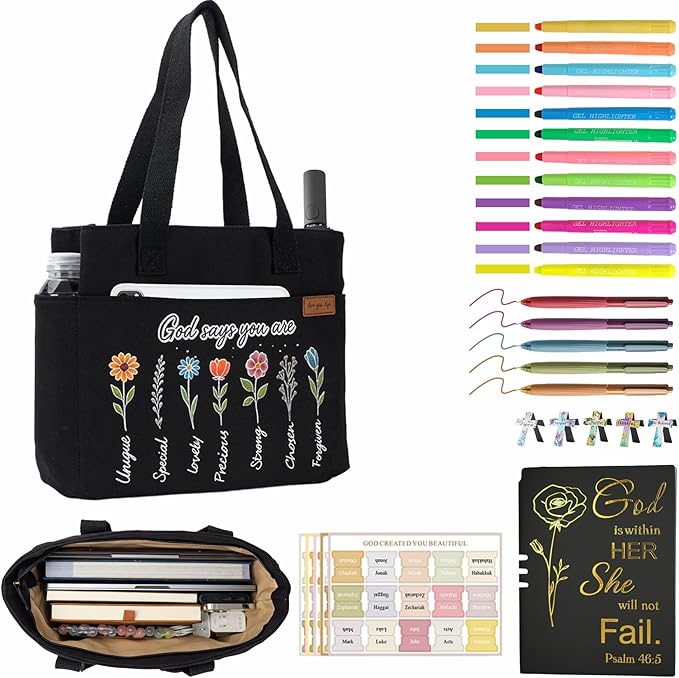 25 PCS Bible Study Supplies Kit, Large Capacity Canvas Tote Bag for Women Organizer, Bible Highlighters and Quick Dry Pens No Bleed Through, Notebook Bible Tabs Cross Bookmark Journaling Accessories