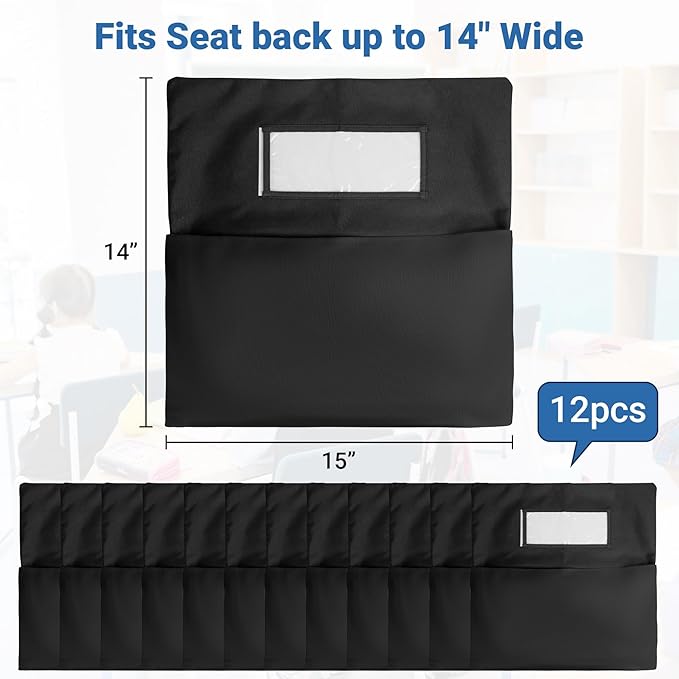 Chair Pockets for Classrooms 12 Pack,15 x 14 inch Black Chair Back Buddy Pockets with Name Slot & Tags, Back of Chair Organizer for Classroom Chairs Seat Storage