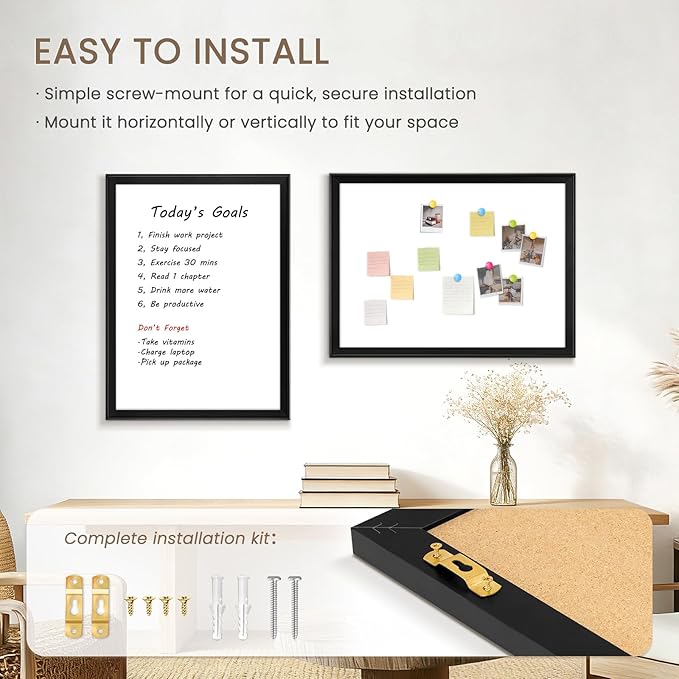 White Board for Wall, 17" x 13" Magnetic Dry Erase Board, Decorative Wooden Frame Whiteboard, Wall Mounted, Aesthetic Writing Board for Home, Office, School - Black