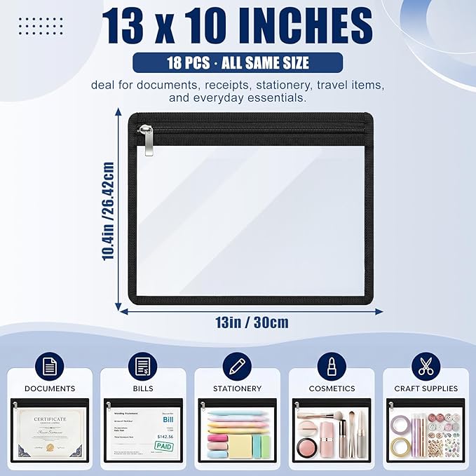 Ireer 18 Pcs Clear Zipper Pouches PVC Waterproof Pouch Bags Transparent Zipper Pouch Storage Bags Multipurpose for Organizing Travel Cosmetics Document File (Black,13 x 10.4 Inch)