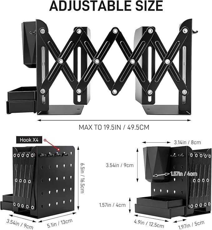 2 PCS Adjustable Bookends,19" Metal Book Ends for Heavy Books with Removable Pen Holder, Tray, and 4 Hook-up, Book Shelf Holder for Office, School, Bookstore, cookbooks