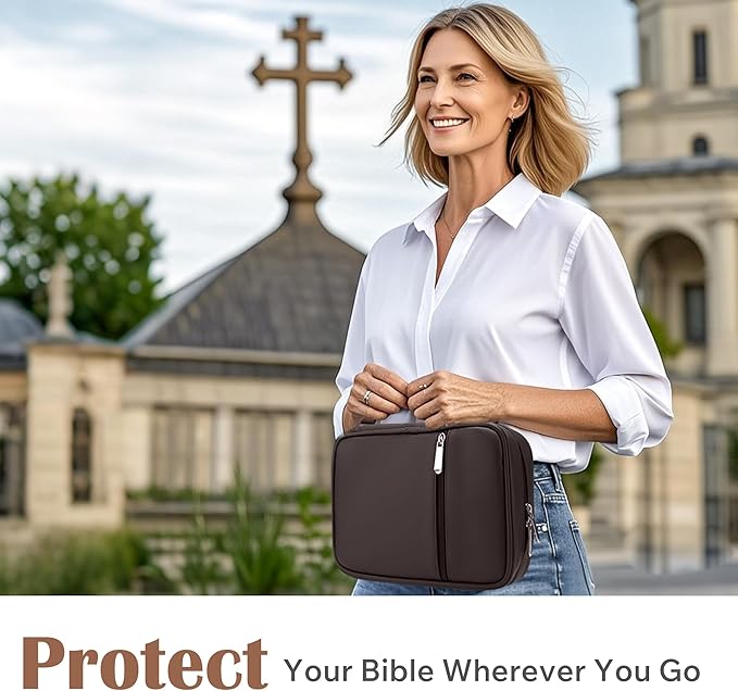 Small Bible Cover Case for Women and Men, 9x6 PU Leather Bible Sleeve, Compact Travel Bible Carrier Bag with Front Pen Holders, Zipper Closure, Inner Pockets - Coffee Brown