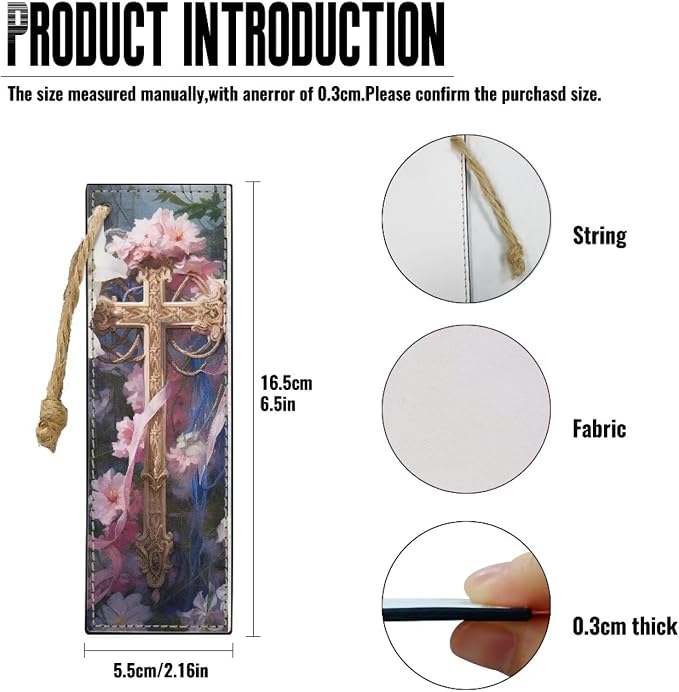 Floral Cross Bookmark Set of 2 for Bibles, Books Leather Bookmarks for Women Book Lover Bookish Book Marker with String for Bookworms Bookmarks Accessories Pink