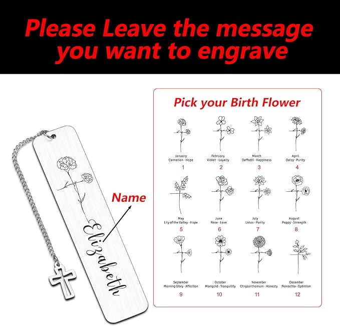 Personalized Bookmarks for Women Book Lover Birth Flower Birthday Customized Gifts for Reading Her Daughter Friends (Religious Cross Birth Flower)