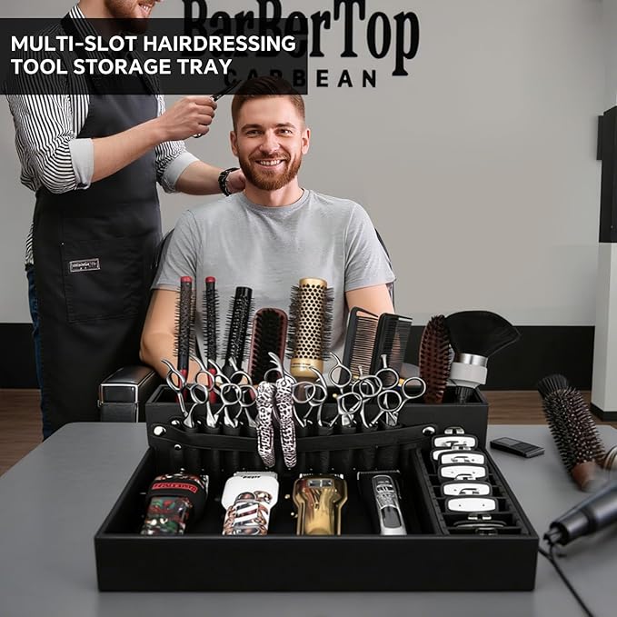 Barber Organizer Tray, 13.9 x 11.2 x 4.4 inch Adjustable Station for Clippers & Guards Scissors, Multifunctional Non-slip Barber&Salon Hair Tools Holder, with PU Leather Exterior Hairdressing Case