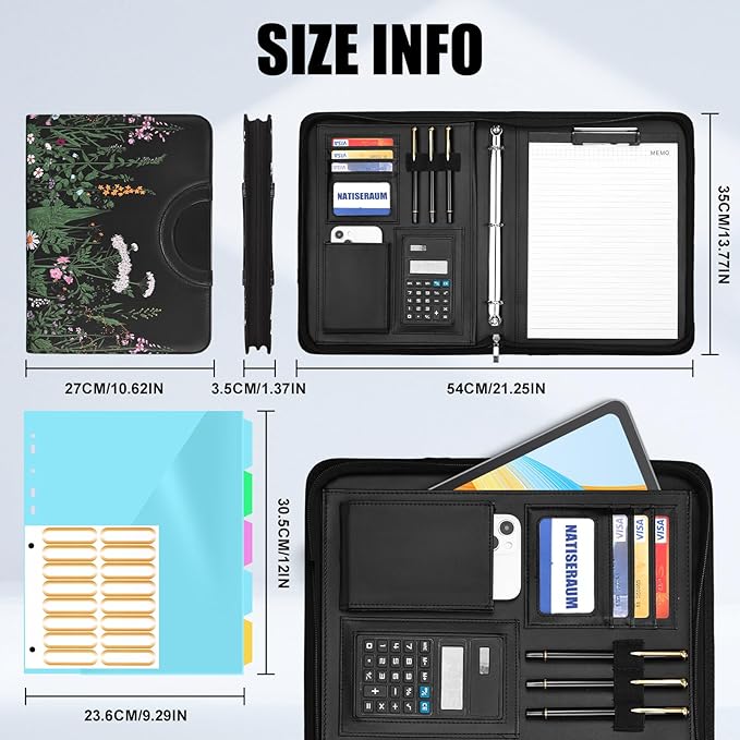 Portfolio Binder 3 Ring Includes Pen and 5 Dividers with 10 Pockets, Padfolio Organizer with Magnetic Handle for Men and Women, Includes A4 Notepad for Business, School, Work