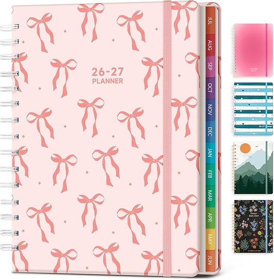 Planner 2026-2027 Monthly and Weekly Academic Planner July 2026 - June 2027, Hardcover Calendar 2026-2027 Agenda Daily Planner for Student Teacher School Office Supplies, 6" x 8.3", Pink Bow