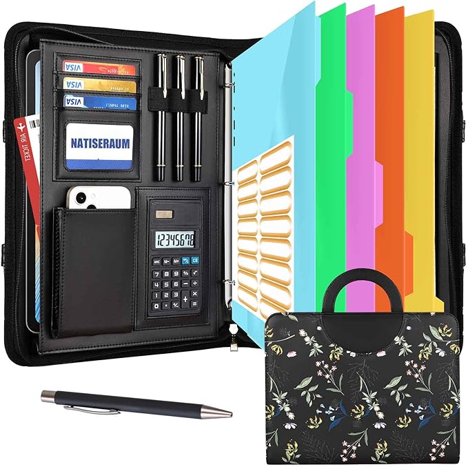 Portfolio Binder 3 Ring Includes Pen and 5 Dividers with 10 Pockets, Padfolio Organizer with Magnetic Handle for Men and Women, Includes A4 Notepad for Business, School, Work