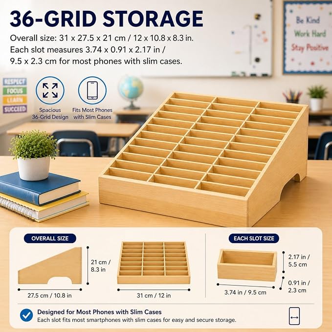 XICHENGSHIDAI 36-Grid Classroom Cell Phone Holder, Wooden Mobile Phone Storage Box, Desk Organizer for Teachers, School and Office