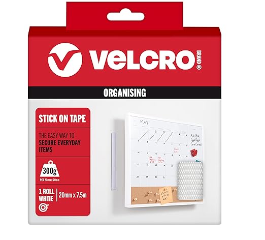 Velcro Brand | Stick On Tape | Cut-to-Length Strong Hook & Loop Self Adhesive Sticky Tape Perfect for Room Décor & Home, Office, Garage Use | White | 20mm x 7.5m