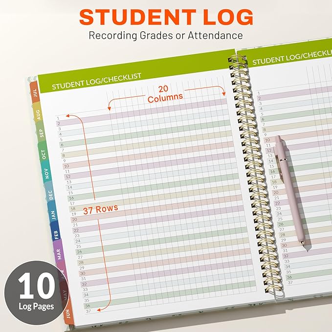SUNEE Teacher Planner 2026-2027 Academic Year, 7 Periods Lesson Plan Book Jul 2026 - Jun 2027, 8.5"x11" Daily Weekly Monthly Organizers Vertical Layout with Bookmark, Waterproof Cover, Floral Stripes