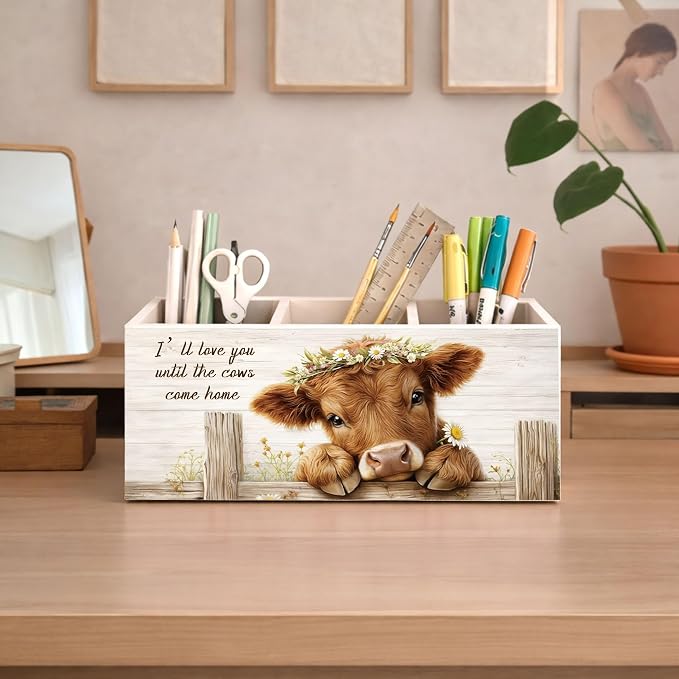Highland Cow Desk Organizer Wooden Pen Pencil Holder for Desk, 3 Compartments Farmhouse Office Desk Accessories, Cow Lover Gift Farm Animal Desk Decor for Home Office Table Storage