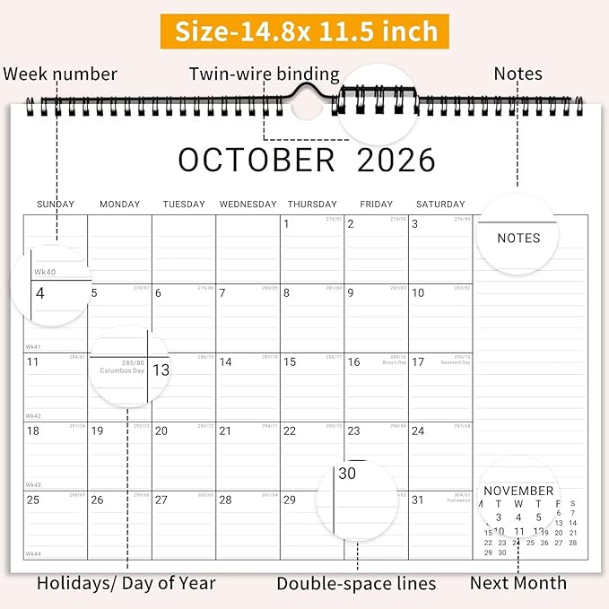 2026 Wall Calendar, 12 Month 14.8”x11.5” Year Monthly Organizer from January 2026-2027 Horizontal Blank Simple Spiral Bound Wire Hanging Calendar w/ Lines for Family, Home, Kitchen, Office White1
