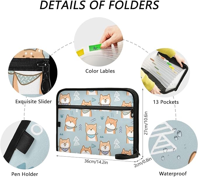 Cartoon Shiba Inu Dog 13 Pockets Expanding File Folder with Sticky Labels Accordion File Folder Document Organizer Letter Size A4 Papers Expandable File Keeper