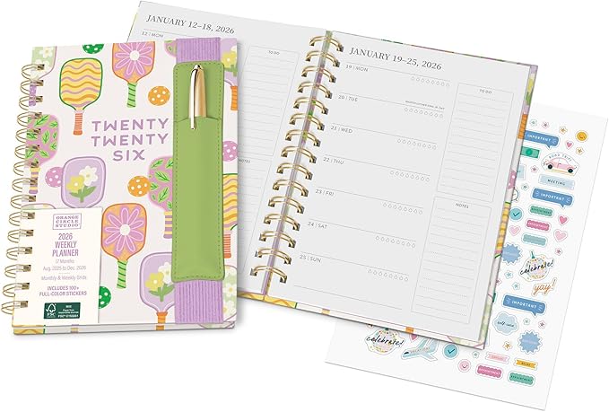 Orange Circle Studio 2026 Planner, Pickleball Rally, Oliver Planners, Wire-O Bound Monthly Calendar Book, Appointment, Goal & Budget Trackers, Includes 100 Full Color Stickers