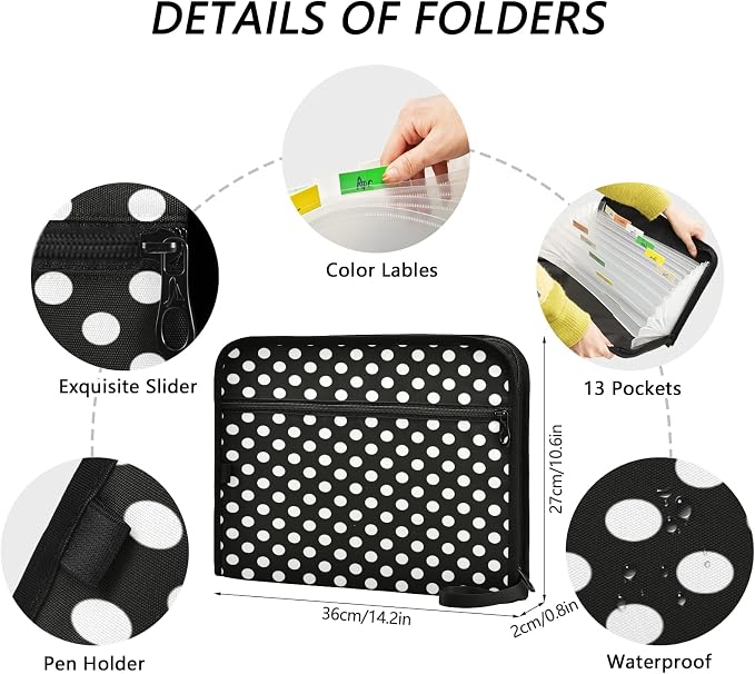 ALAZA Polka Dots Black White 13 Pocket Expanding File Folder with Labels, Accordion File Folder File Organizer Letter A4 Paper for Office School Student