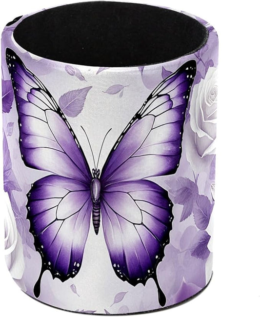 Butterfly Rose Purple Pen Holder Pencil Organizer Cute Pencil Cup Desk Decor Makeup Brush Holder PU Multifunctional Office Supplies for Home Classroom School